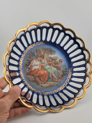 Antique Porcelain Cobalt Blue Lace Serving Plate/Bowl, made in Germany.  8.5 in.