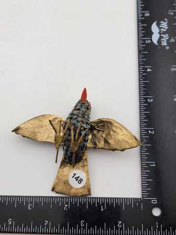 Antique Handmade Brass Turquoise Coral Glass Decorated Bird Ornament Middle East