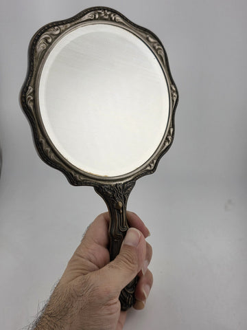 RARE ANTIQUE ART NOUVEAU SILVER PLATED HAND MIRROR REPOUSSE FLOWER DESIGN 1905