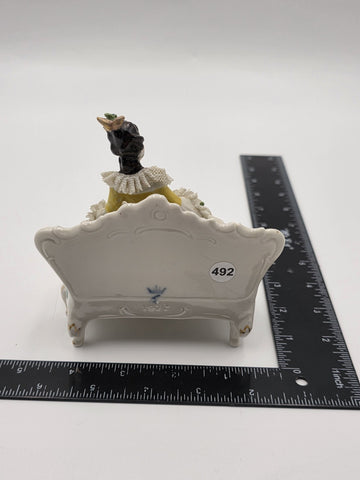 Vintage Dresden Lace Porcelain Lady Figurine Seated On Settee Sofa Germany 1078