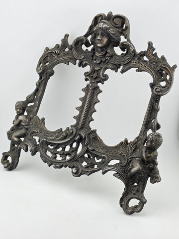 Antique Victorian Rococo Baroque Cast Iron Angel Cherub Double Picture Frame 4x5