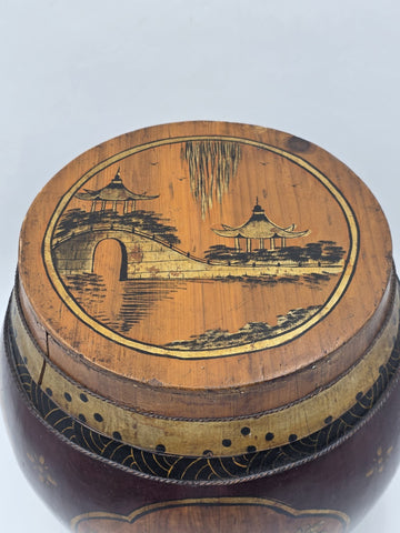 Antique Asian Hand Painted Rice Barrel Wooden Lidded Storage Bucket Bird Pagoda