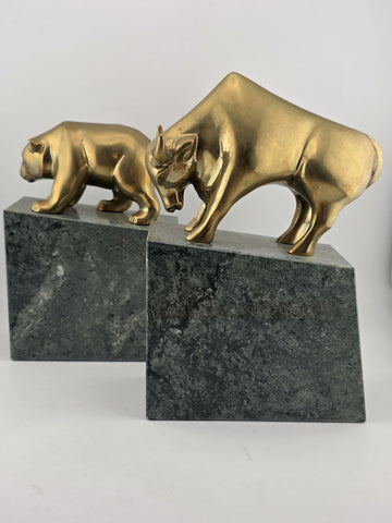 Book Ends Stock Market Bull & Bear MCM Brass and Marble Wall Street Bookends