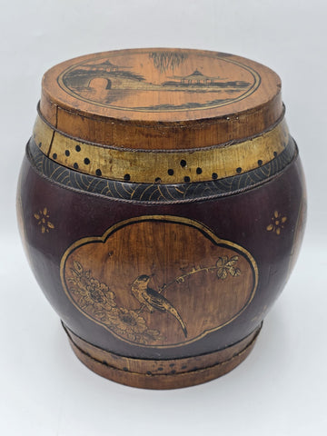 Antique Asian Hand Painted Rice Barrel Wooden Lidded Storage Bucket Bird Pagoda