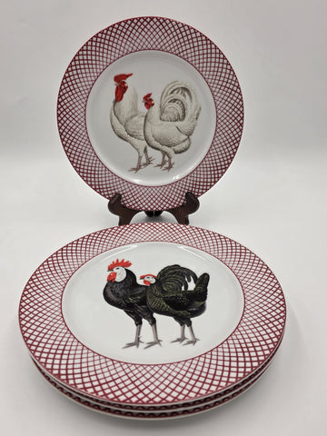 Set of 4 Devonshire Haldon Dinner Plates White Black Rooster Hen Red Lattice.