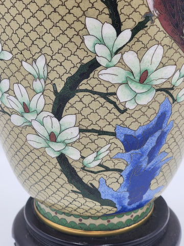 XL Cloisonné Vase Beautiful Floral  Fine Wirework Interior Brass 17 inches tall