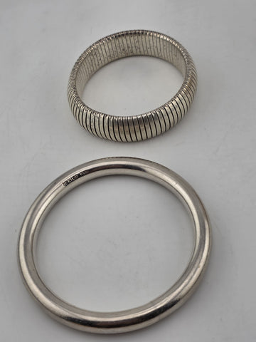 Set Of 2 Heavy Sterling Silver Bangle Bracelet Ribbed Tubogas & Solid 65g Modern