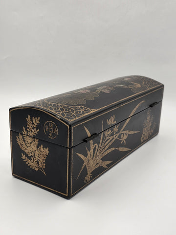 Rare Vintage Chinese Lacquer Scroll Box Gold Gilt Floral Birds Document Case