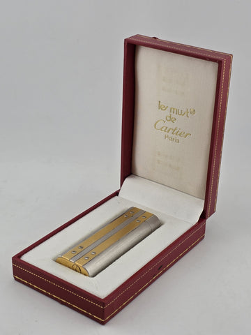 MUST DE CARTIER Santos Rivets Oval Two-Tone Silver/Gold LIGHTER W Box. Works.