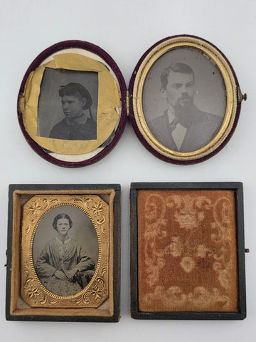 Pair Of Antique Ambrotype Portrait Lot Civil War Era Victorian Cases Gold Mat