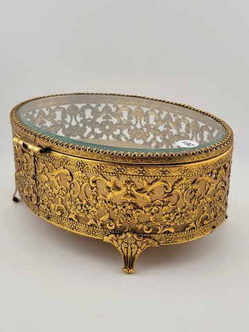 Vintage 1950s Hollywood Regency Ormolu Jewelry Casket Beveled Glass Filigree Box