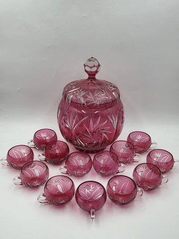 Rare 1940's Vtg Bohemian Cranberry Cut to Clear Crystal Punch Bowl Set w/13 Cups