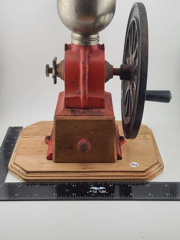 Vintage Elma Big Wheel Coffee Mill Grinder Cast Iron Wheel Mounted On Wood Base