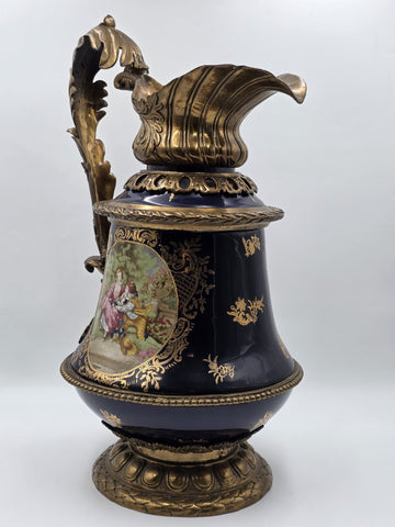 Antique French Cobalt Blue Porcelain &Brass Ewer Fragonard Scene Gilt Bronze 23"