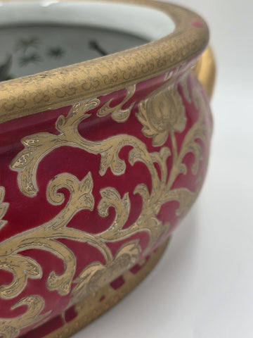 Antique XL Chinese handpainted Red porcelain 24kt gold Oval Footbath, Jardiniere