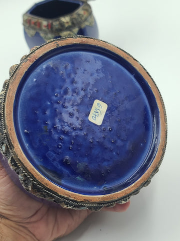 Vtg Mid Century Moroccan Berber Style Cobalt Ceramic Box Vase Metal Inlay Set