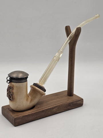 Antique Meerschaum Tobacco Pipe Long Amber Stem Silver Tone Wind Cap Monogram