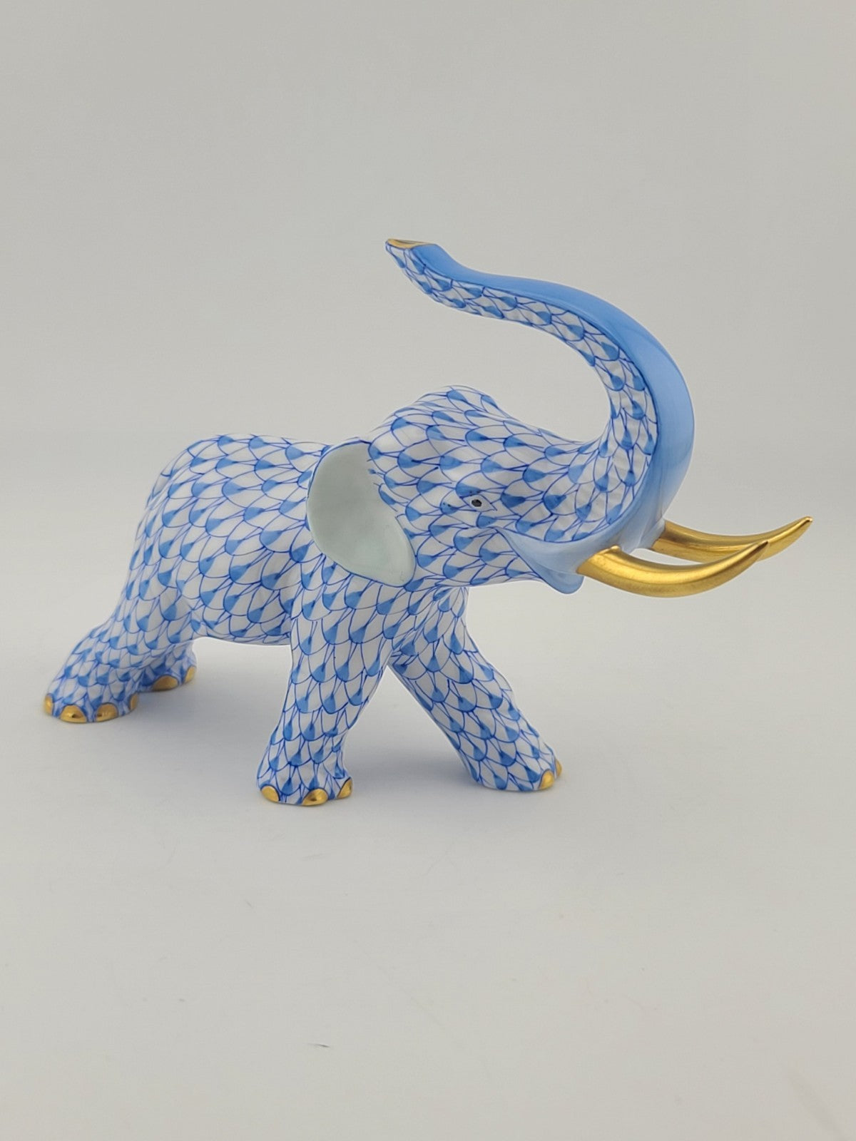 Herend Blue Fishnet Charging Elephant Figurine VHB Artist Signed Vecsey Tamas