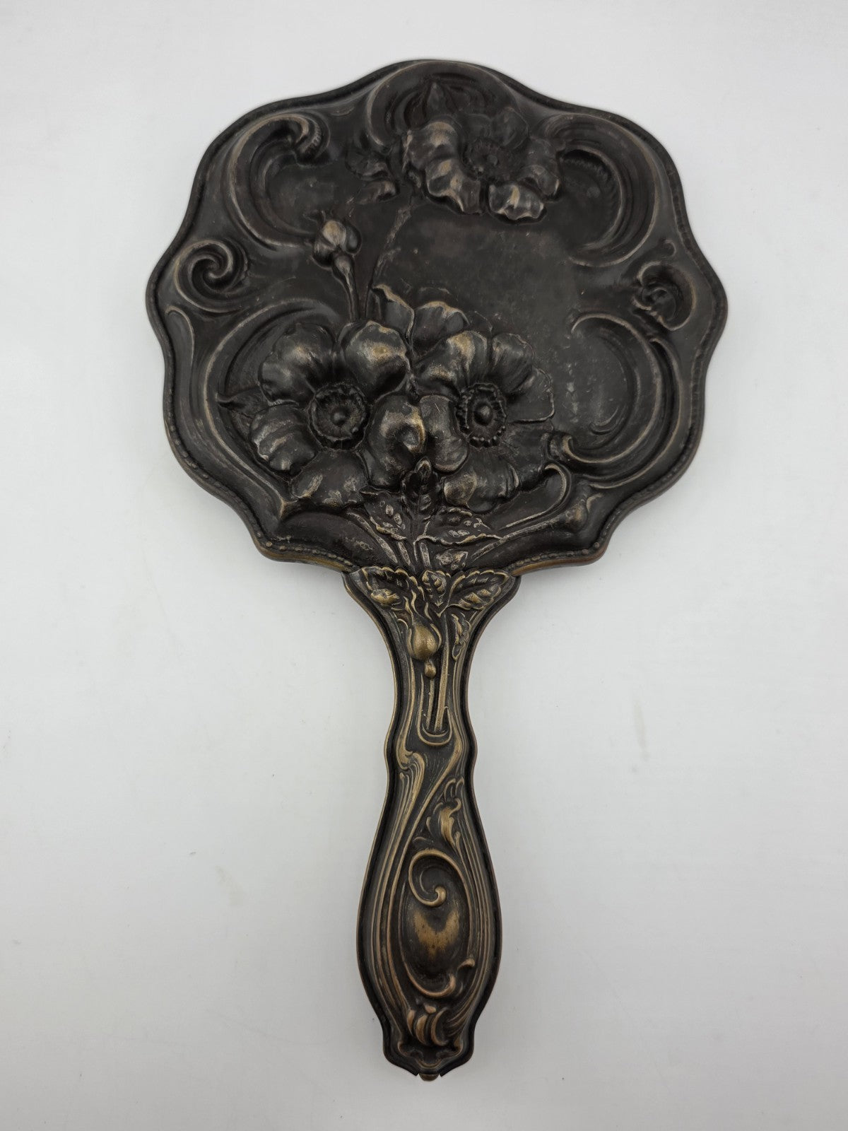 RARE ANTIQUE ART NOUVEAU SILVER PLATED HAND MIRROR REPOUSSE FLOWER DESIGN 1905