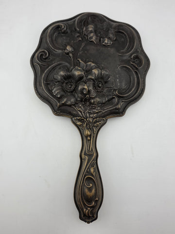 RARE ANTIQUE ART NOUVEAU SILVER PLATED HAND MIRROR REPOUSSE FLOWER DESIGN 1905