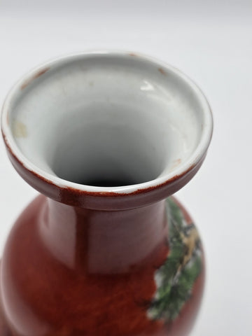 Antique Chinese Republic Famille Rose Coral Red Scholar Vase Qianlong Mark 10"