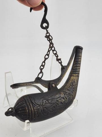 Rare Antique 18th C Ottoman Islamic Bronze Engraved Black Powder Gun Flask.