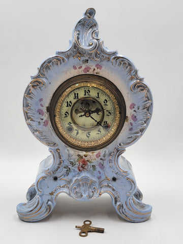 RARE ANTIQUE 19TH C ANSONIA HAND PAINTED PORCELAIN MANTLE CLOCK - WORKS. READ.