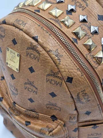 Rare MCM Stark Side & Top Studs Backpack In Cognac Visetos Coated Canvas W5914
