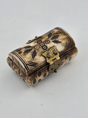 Antique Camel Bone Brass Cut Out Jewelry Trinket Box With Blue Felt Lining