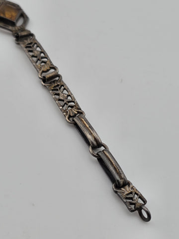Antique 1920's Art Deco Sterling Silver Amber Glass Filigree Bracelet. 6.25 In.