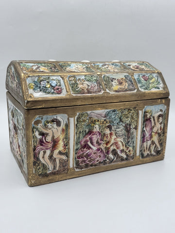 Rare Antique 19th C Large Capodimonte Gilded Porcelain Jewlery Box hand painted.