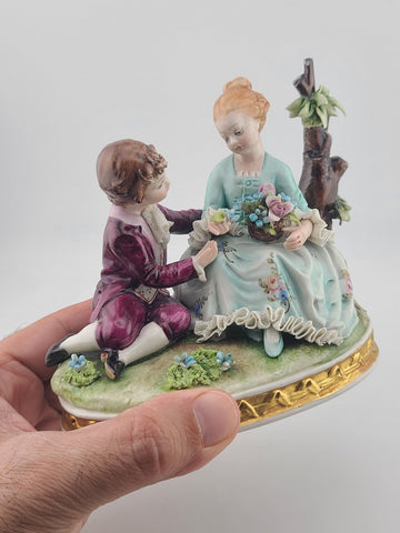 Antique Capodimonte Boy and Girl Porcelain Figurine Romantic Scene W 5”