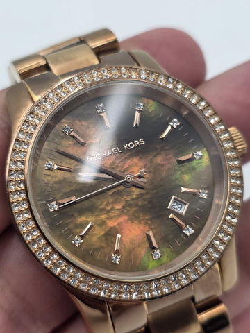 Michael Kors MK5494 Rose Gold Watch Mother of Pearl Dial Crystal Bezel 42mm Runs