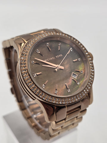 Michael Kors MK5494 Rose Gold Watch Mother of Pearl Dial Crystal Bezel 42mm Runs