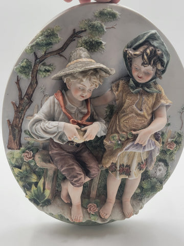 Antique German Bisque 3D Wall Plaque Framed High Relief Germany Children.