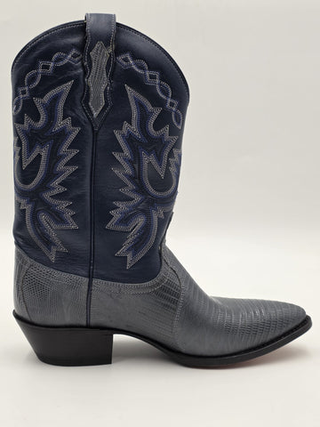 Vtg Dan Post Genuine Lizard Cowboy Boots Mens 9M Blue Denim Gray Exotic Western