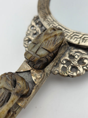 Rare Antique Chinese Ornate Jade and Silver  Carved Dragon Hand Mirror