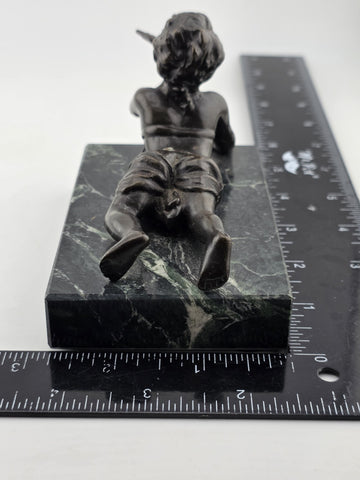 Vintage Small Bronze Child w/ Bird Figurine on Green Marble Pedestal Base Signed