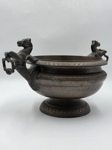 Rare Antique Bronze Centerpiece Jardiniere W Mythical Seahorse & Ring Handles.