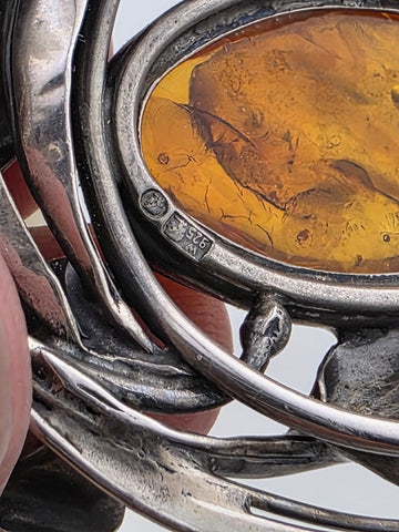 Antique Heavy Mid Century 925 Sterling Silver & Baltic Amber Pendant& Necklace.