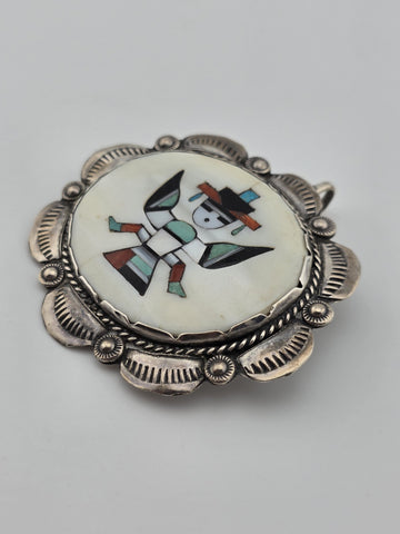 Vtg Zuni Native Kachina Turquoise Coral Inlay Sterling Silver Pin Brooch Pendant