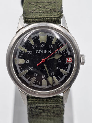 1950's Gruen 17 J Military Field Watch 24 Hour Dial Date Mechanical 35mm. Works.