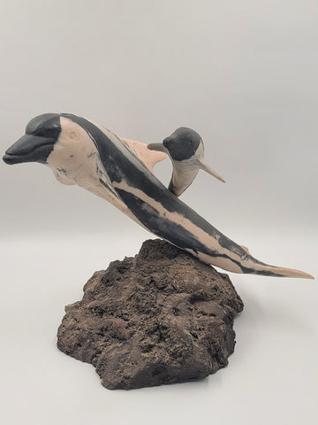 Rare Large Signed NLW Ltd Edition Stone Dolphin Sculpture 132/200 on Lava Base
