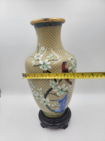 XL Cloisonné Vase Beautiful Floral  Fine Wirework Interior Brass 17 inches tall