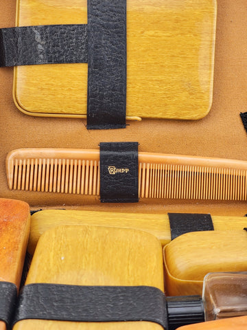 Antique Rumpp Vanity Travel Kit Leather Case w/Mohawk Men's Shaving Grooming ICS