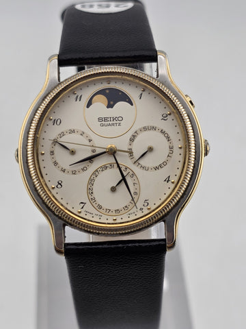 Vtg Seiko Chronograph Moon Phase White Dial Watch – 7F39-6029. Japan 1989 Works