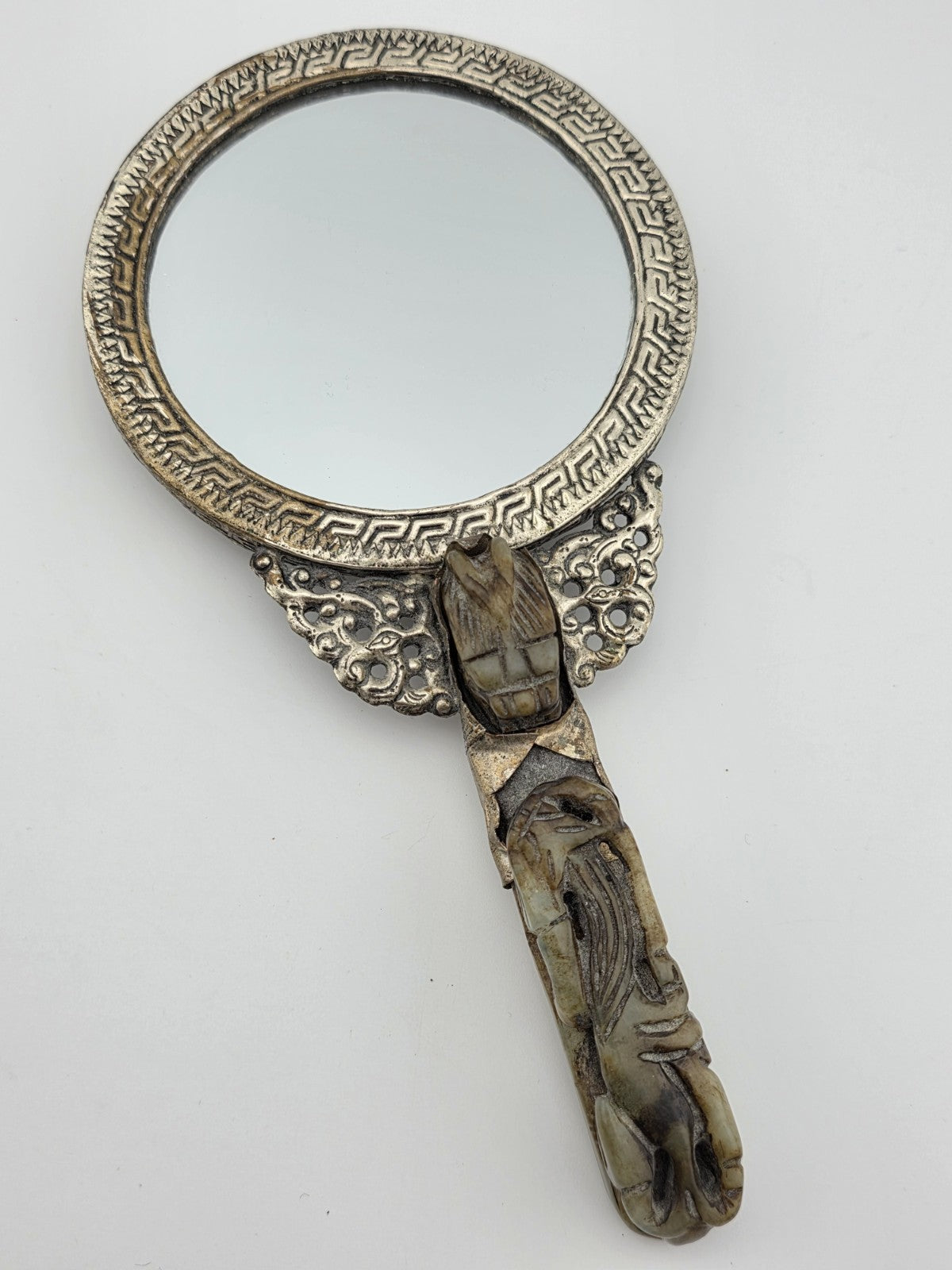 Rare Antique Chinese Ornate Jade and Silver  Carved Dragon Hand Mirror