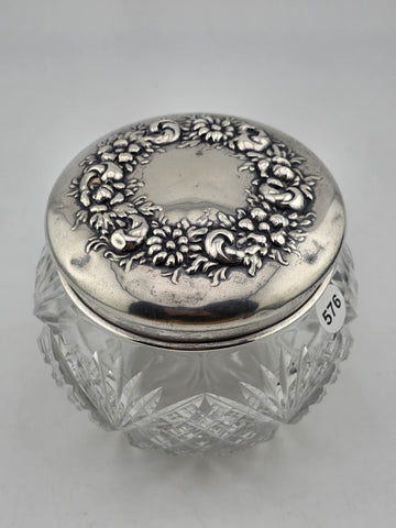 Antique Watson Sterling Silver Floral Lid Cut Crystal Vanity Jar C1900 Fine 925