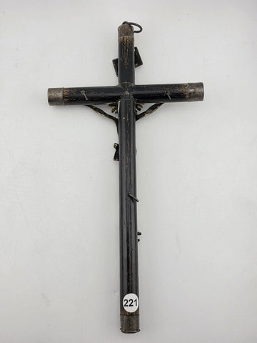 Antique 19th C Crucifix Metal Jesus On Wood Cross W Rare Tips Memento Mori Skull