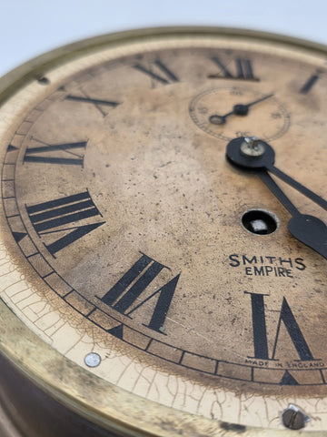 Antique Smiths Empire WWII Brass Marine Bulkhead Clock England Roman Dial. Works